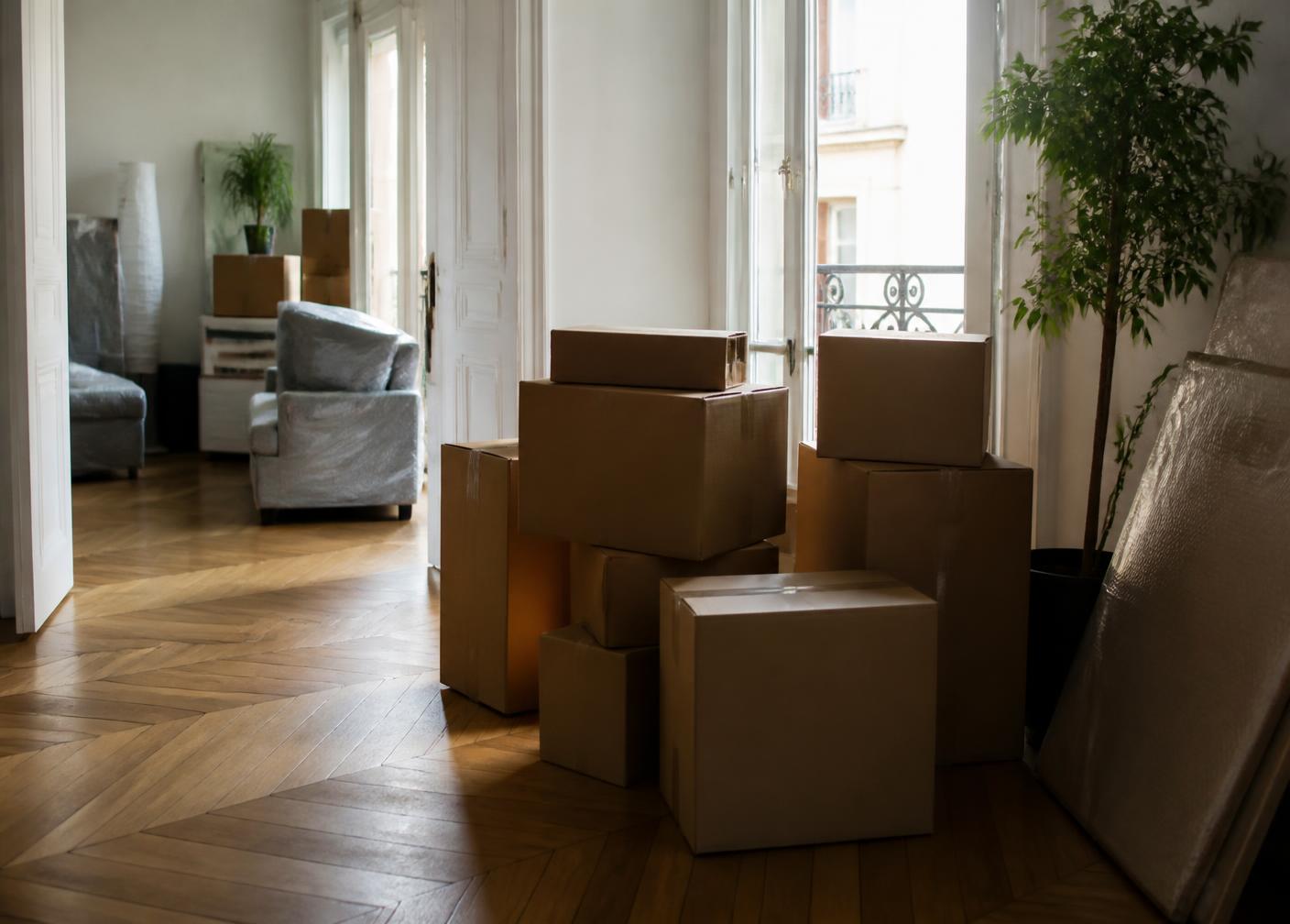Appartement parisien en cours de déménagement avec des cartons empilés