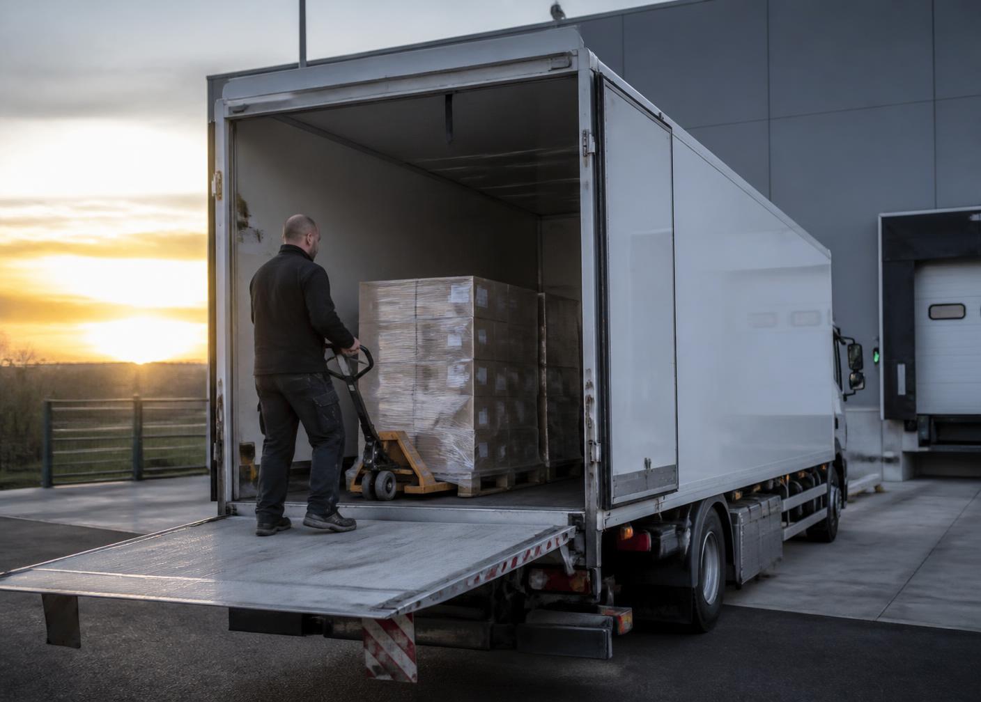 Camion à hayon chargé de palettes sur un site logistique
